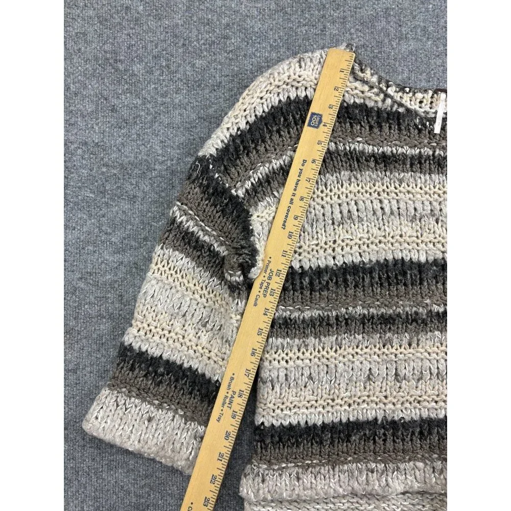 Free People Cream and Gray Striped Knit Scoop Neck Sweater